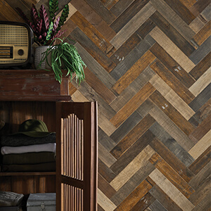 Woodworks Temno Herringbone from the Bold Surfaces Collection is being used as wall cladding.