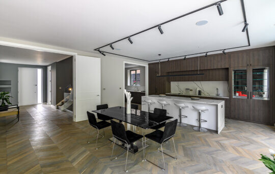 Smoke chevron in a kitchen with dining table
