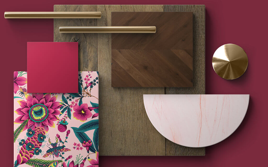 Moodboard using pantone of the year viva magenta, quissac chevron and french estate oak