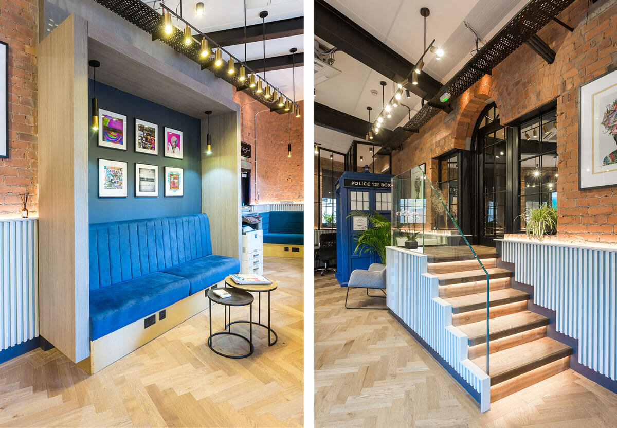 Inside spaces at MyHQ. Blue seating area within wall recess, tables, exposed bricks and Husk herringbone wood floor
