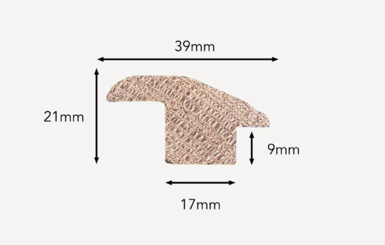 Oak Reducer Threshold 15mm floors, side porfile with dimensions shown.