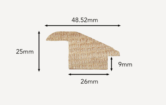 Oak Reducer Threshold 20mm floors, side porfile with dimensions shown.