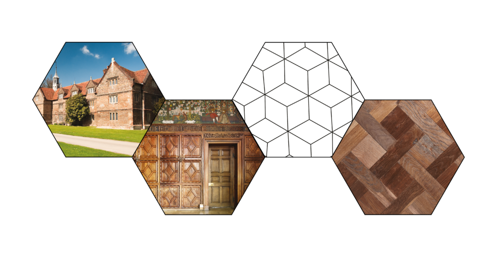 jacobean history hexagons, exterior, roomshot and floor swatch