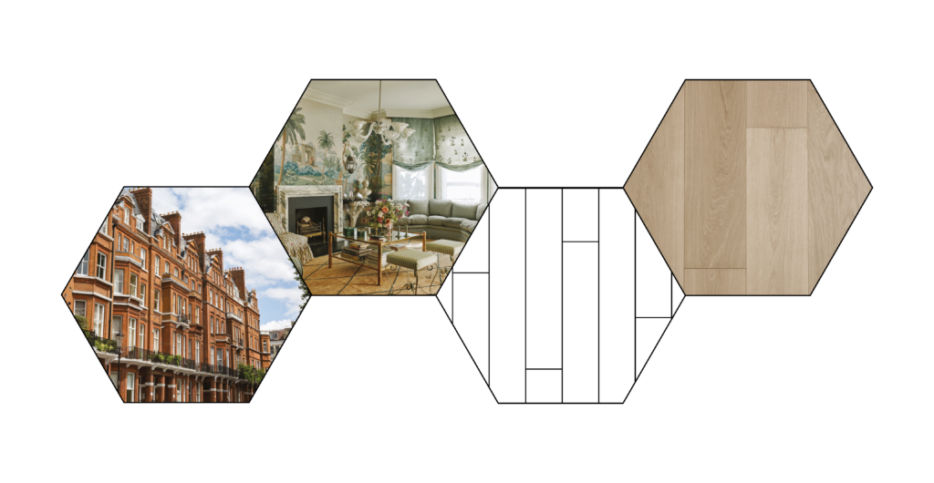 victorian history hexagons, exterior, roomshot and floor swatch
