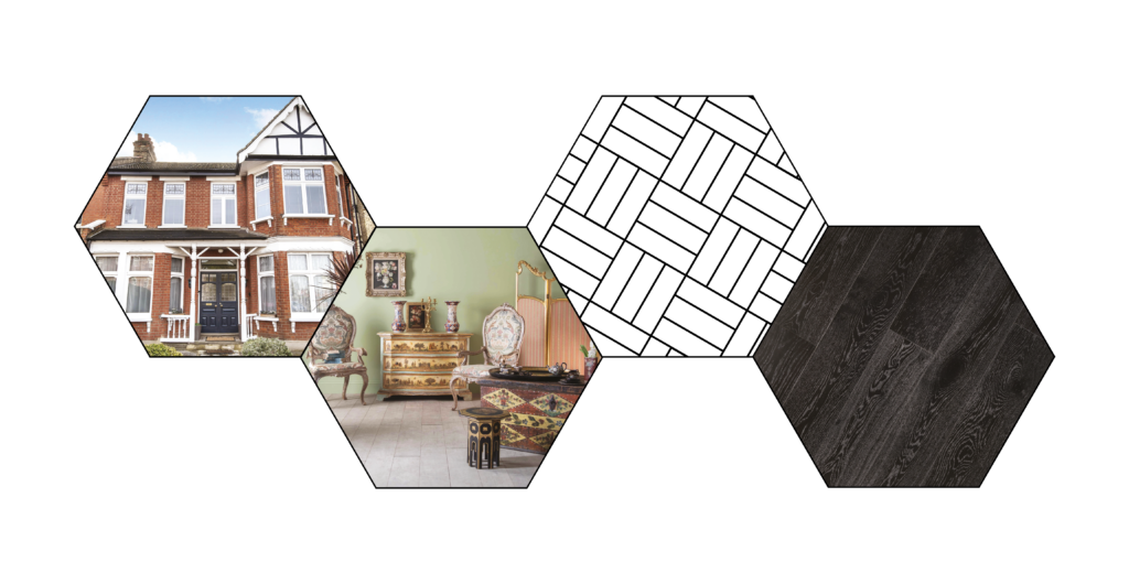 edwardian history hexagons, exterior, roomshot and floor swatch