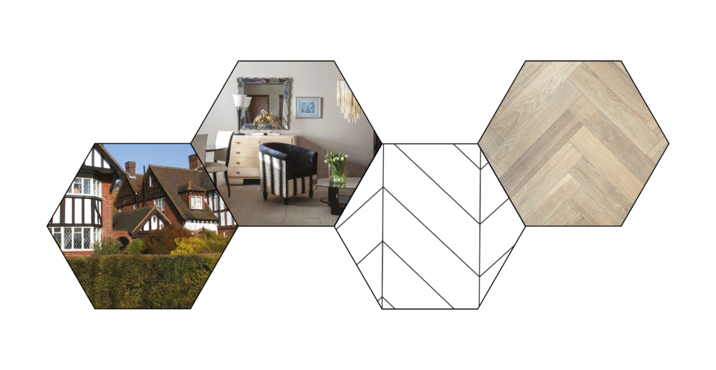 20th century history hexagons, exterior, roomshot and floor swatch