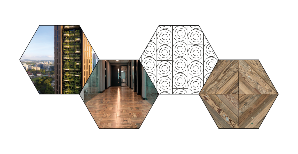 21st century hexagons, exterior, roomshot and floor swatch