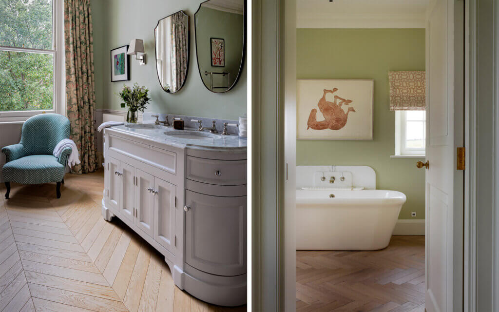 Cashmere chevron and herringbone bathroom and bedroom shots