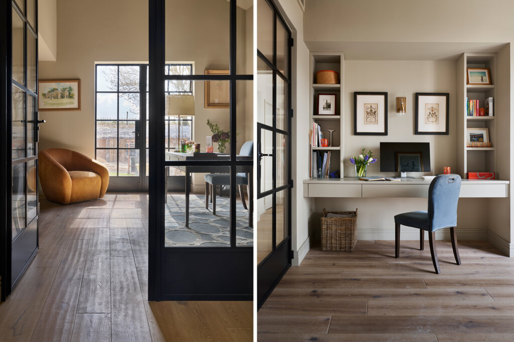 Images of Furrow Plank in whole home renovation. Both showing office, desk space with black critall doors.